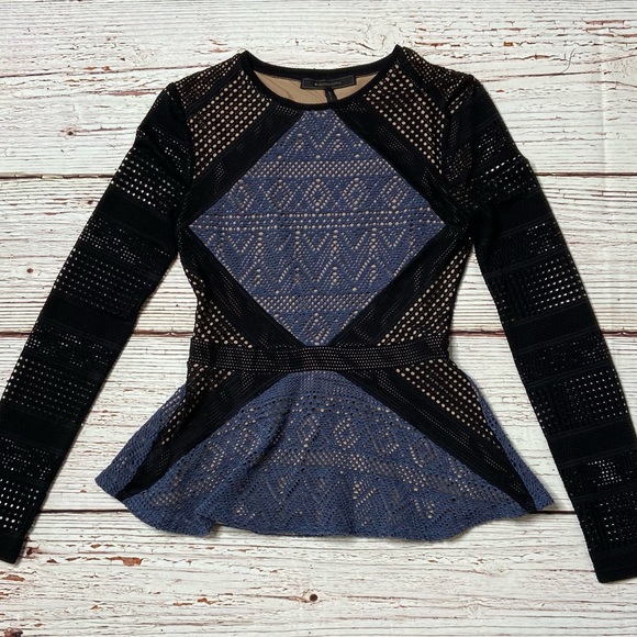 BCBGMAXAZRIA Maira Peplum Mesh Top in Stormy Blue Sz XXS - Picture 8 of 16